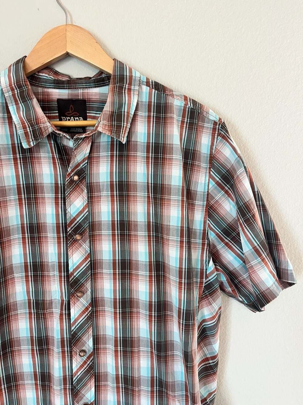 Prana, Short Sleeve Plaid Pearl Snap Shirt, Brown/Blue, Western, Outdoorsy, L